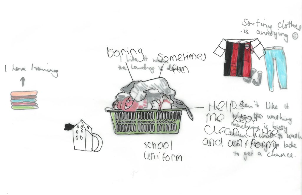 A family’s collected tracing paper drawings of doing the washing